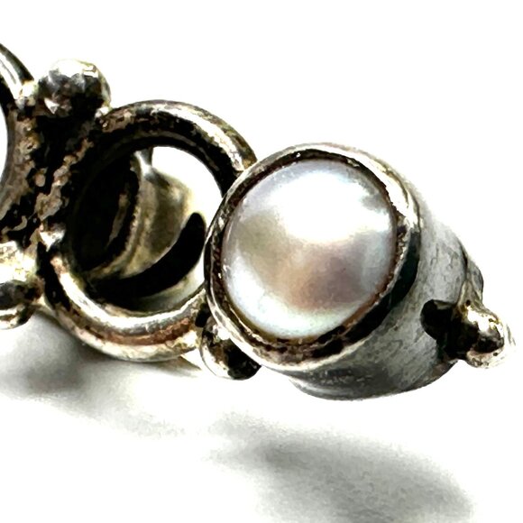 Vintage Sterling Silver Art Nouveau Revival Brooch—Titanium Druzy/Pearl Bar Pin - Picture 6 of 15